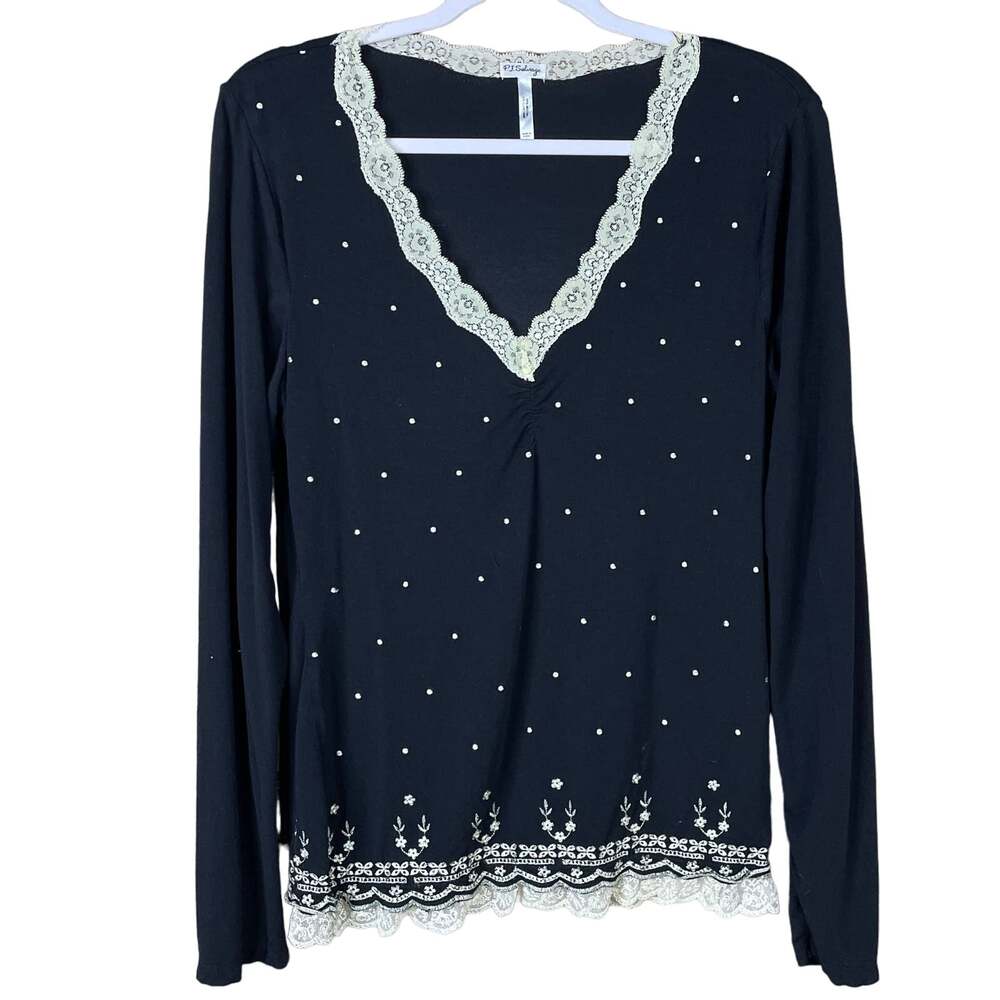 PJ Salvage Long Sleeve Top Lace Trim Embroidery Black Size Large